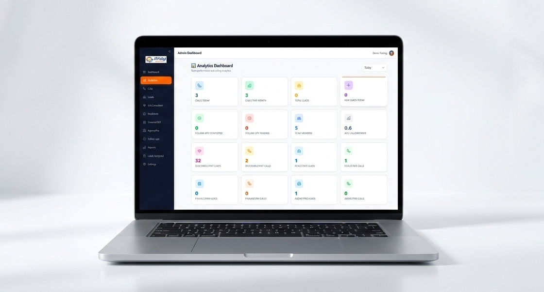 JSRdigi Lead Management CRM Dashboard and JSRdigi calling analytics dashboard displayed on a premium laptop screen.